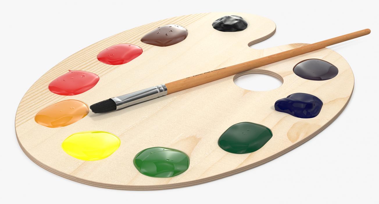 Wooden Art Palette with Paint and Brush 3D model