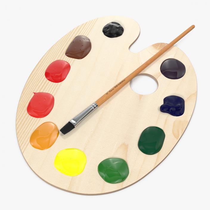 Wooden Art Palette with Paint and Brush 3D model