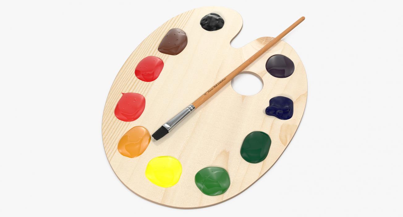 Wooden Art Palette with Paint and Brush 3D model