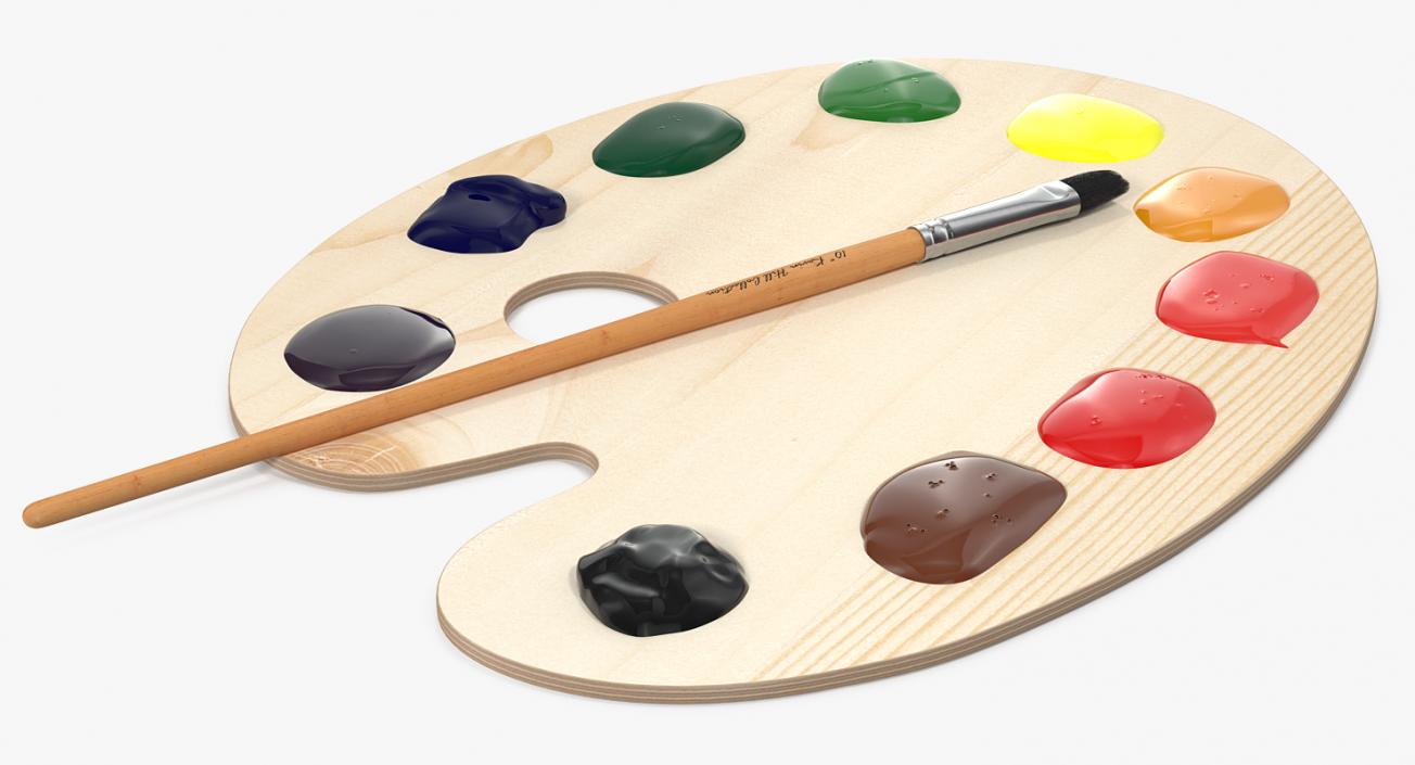 Wooden Art Palette with Paint and Brush 3D model