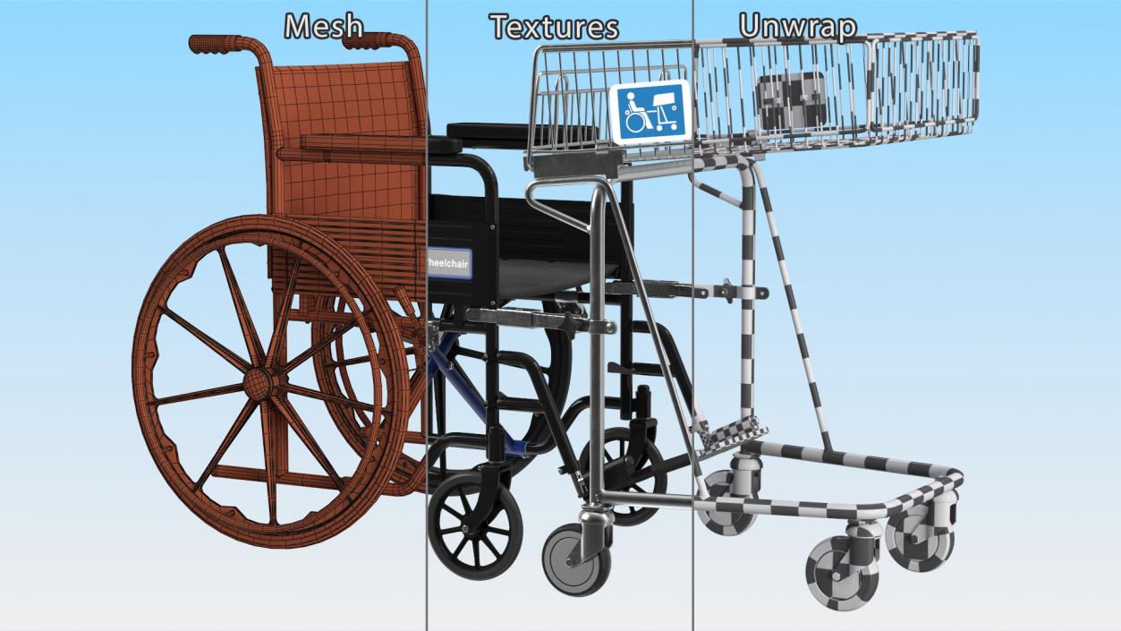 3D Wheelchair with Disabled Persons Shopping Cart