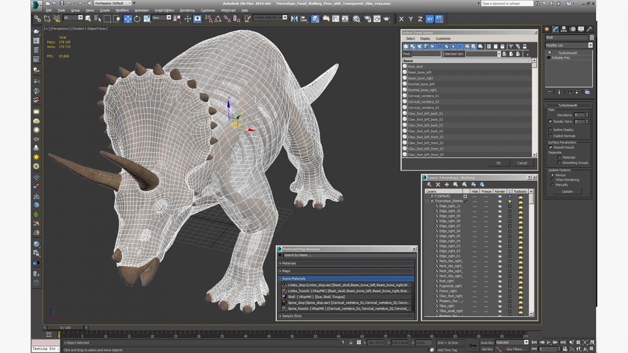 3D Triceratops Fossil Walking Pose with Transparent Skin model