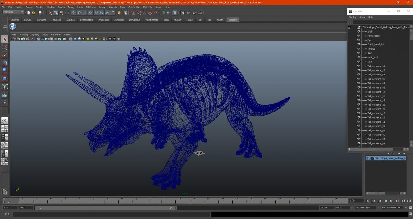 3D Triceratops Fossil Walking Pose with Transparent Skin model