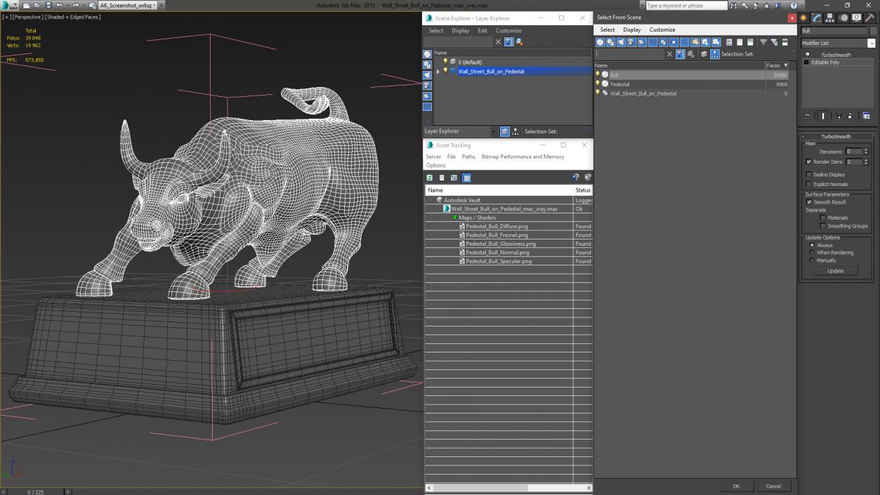 3D Wall Street Bull on Pedestal model