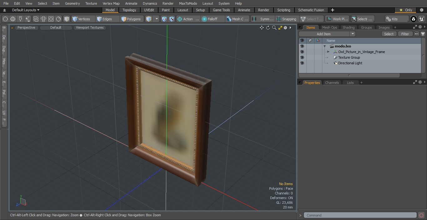 3D Owl Picture in Vintage Frame model