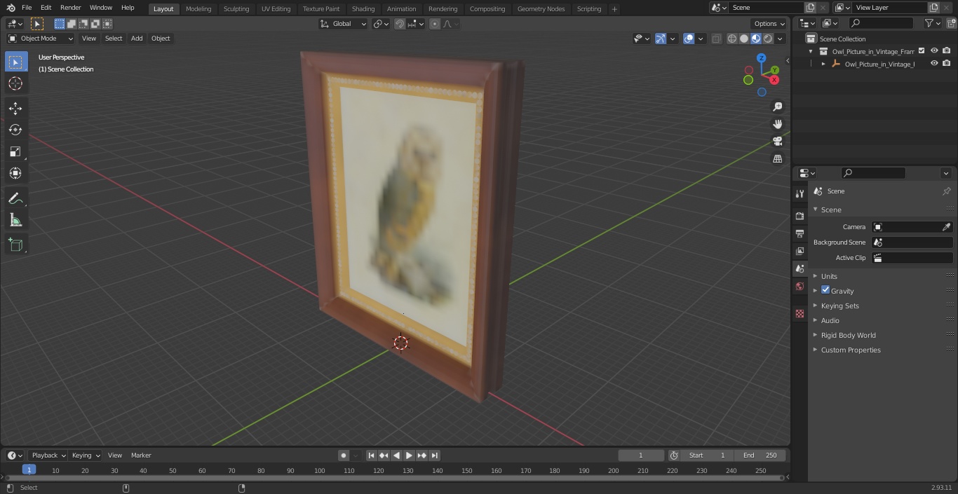 3D Owl Picture in Vintage Frame model