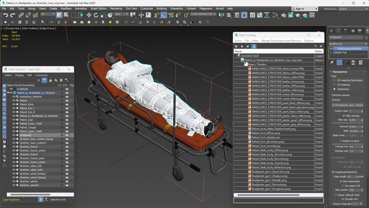 3D Patient in Straitjacket on Stretcher