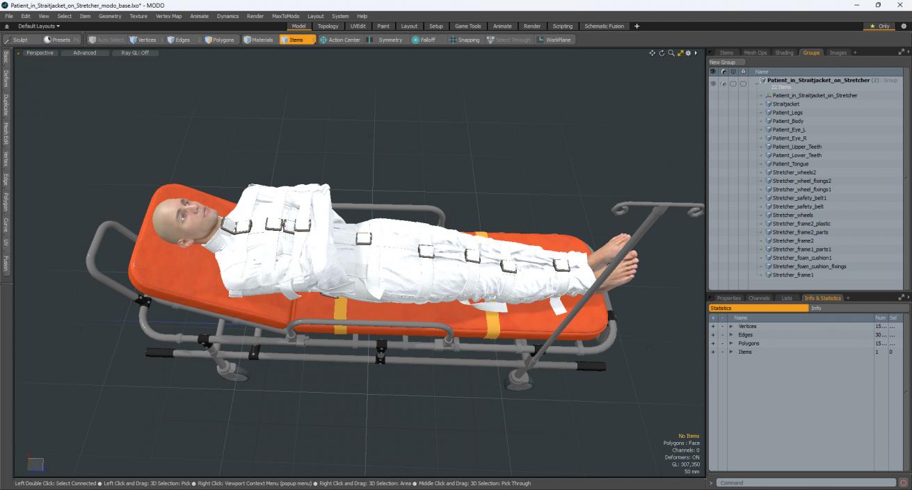 3D Patient in Straitjacket on Stretcher