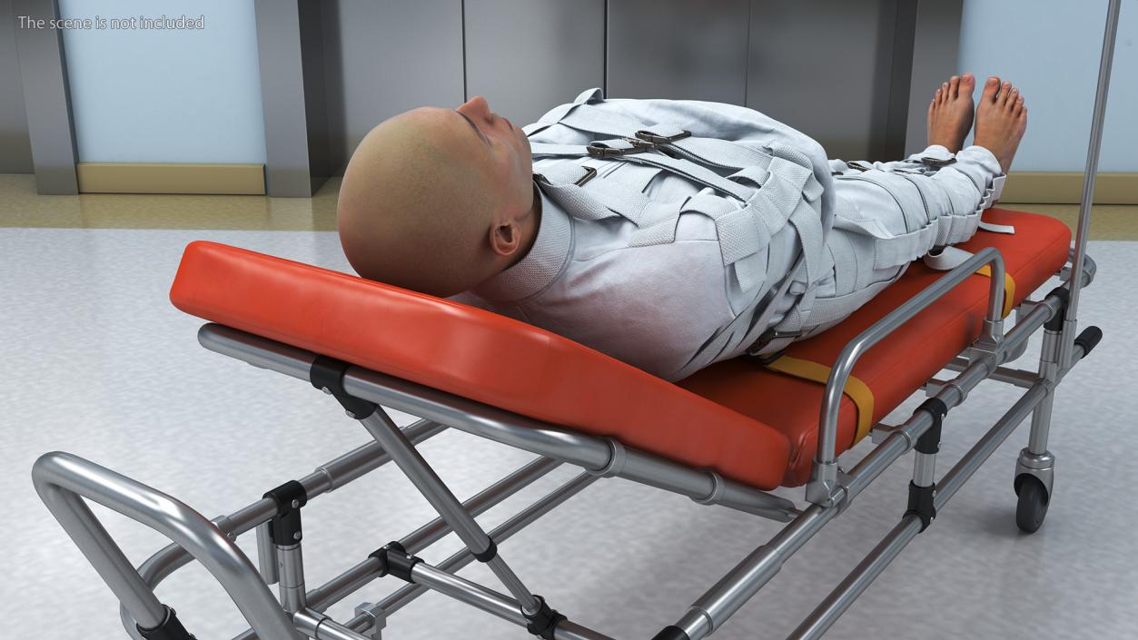 3D Patient in Straitjacket on Stretcher