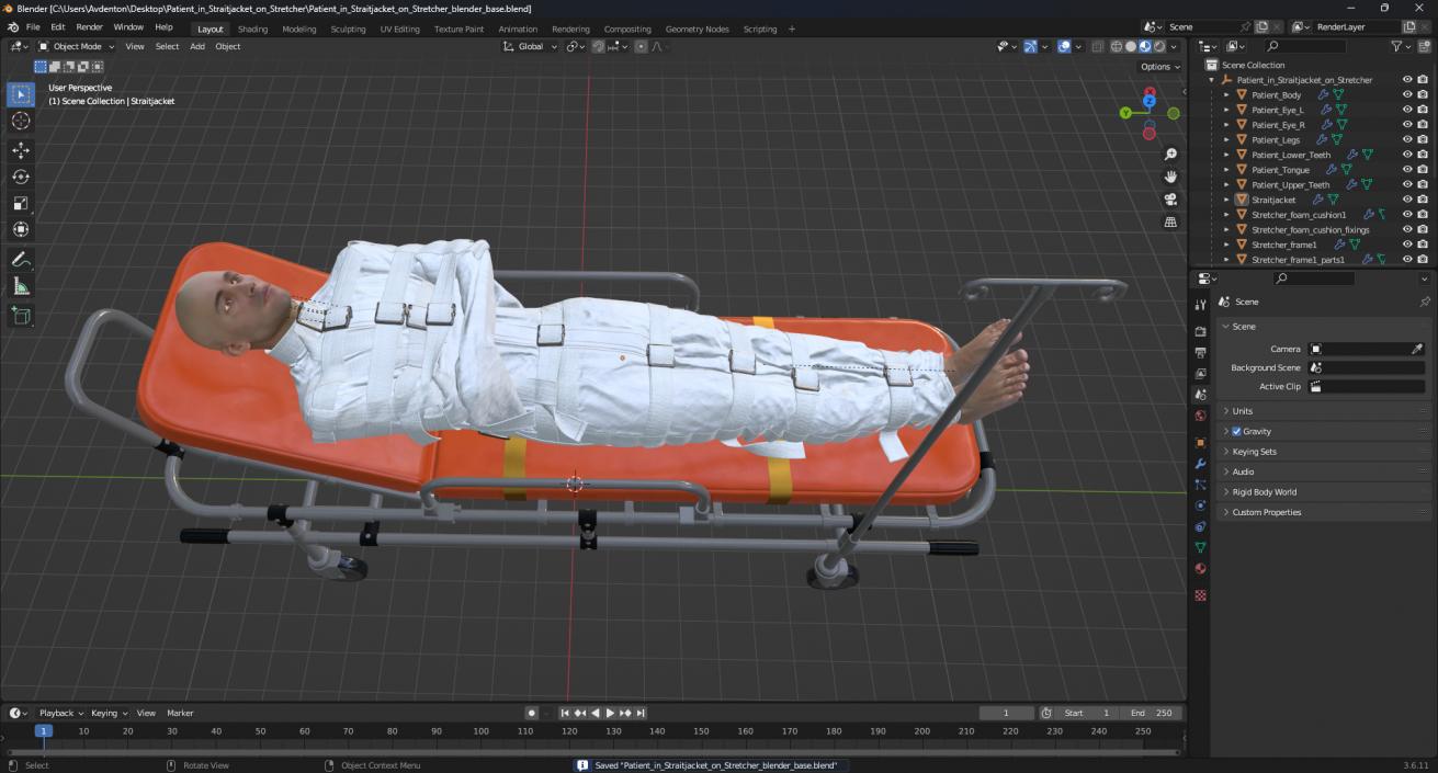 3D Patient in Straitjacket on Stretcher