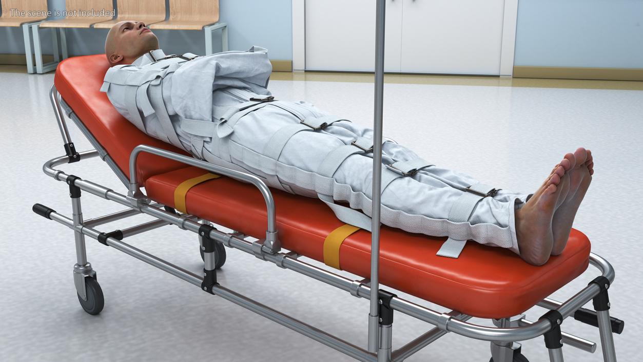 3D Patient in Straitjacket on Stretcher