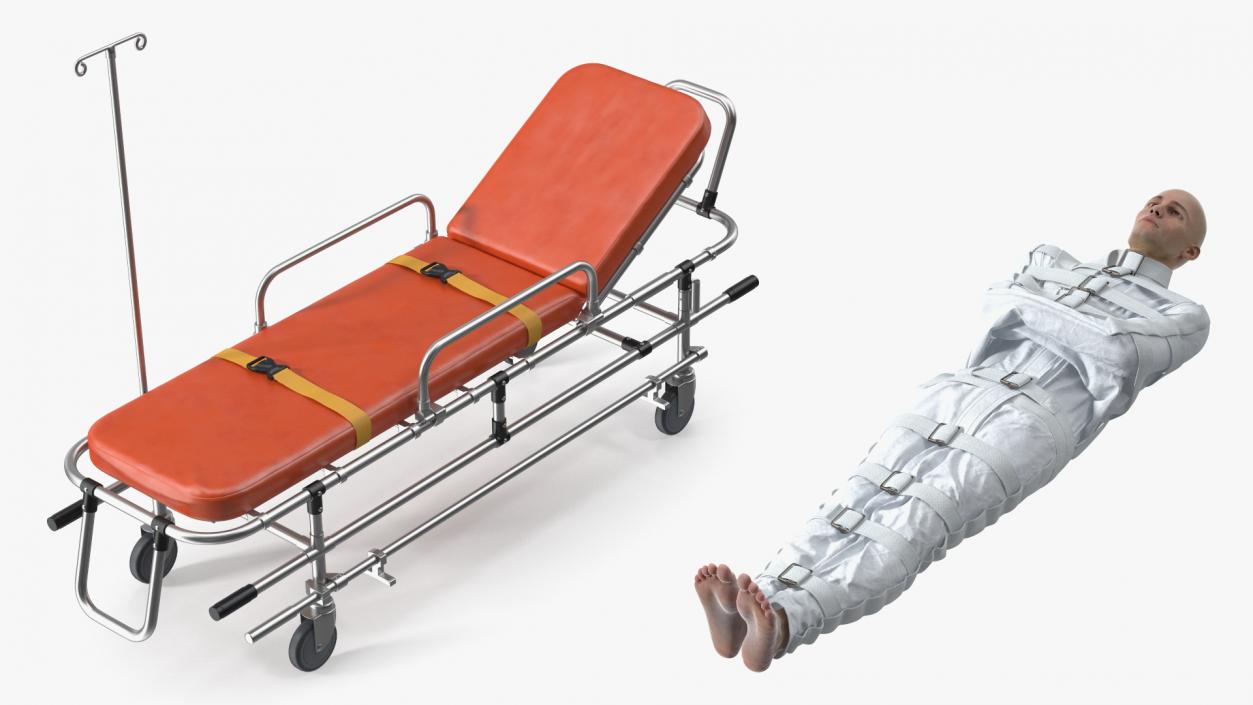 3D Patient in Straitjacket on Stretcher