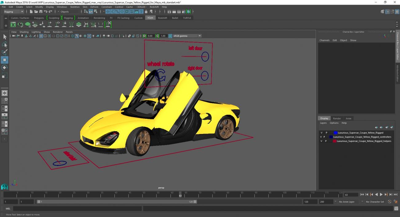 Luxurious Supercar Coupe Yellow Rigged for Maya 3D