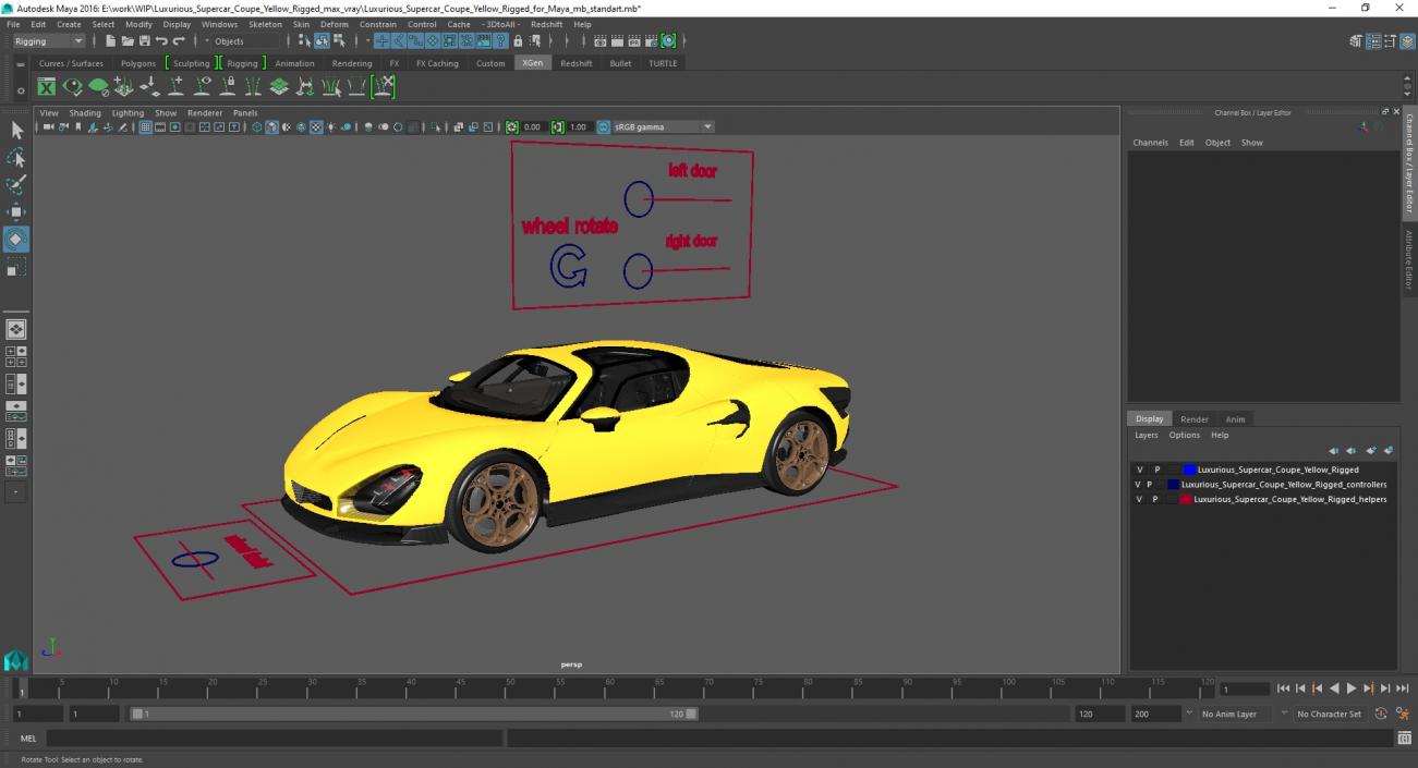 Luxurious Supercar Coupe Yellow Rigged for Maya 3D