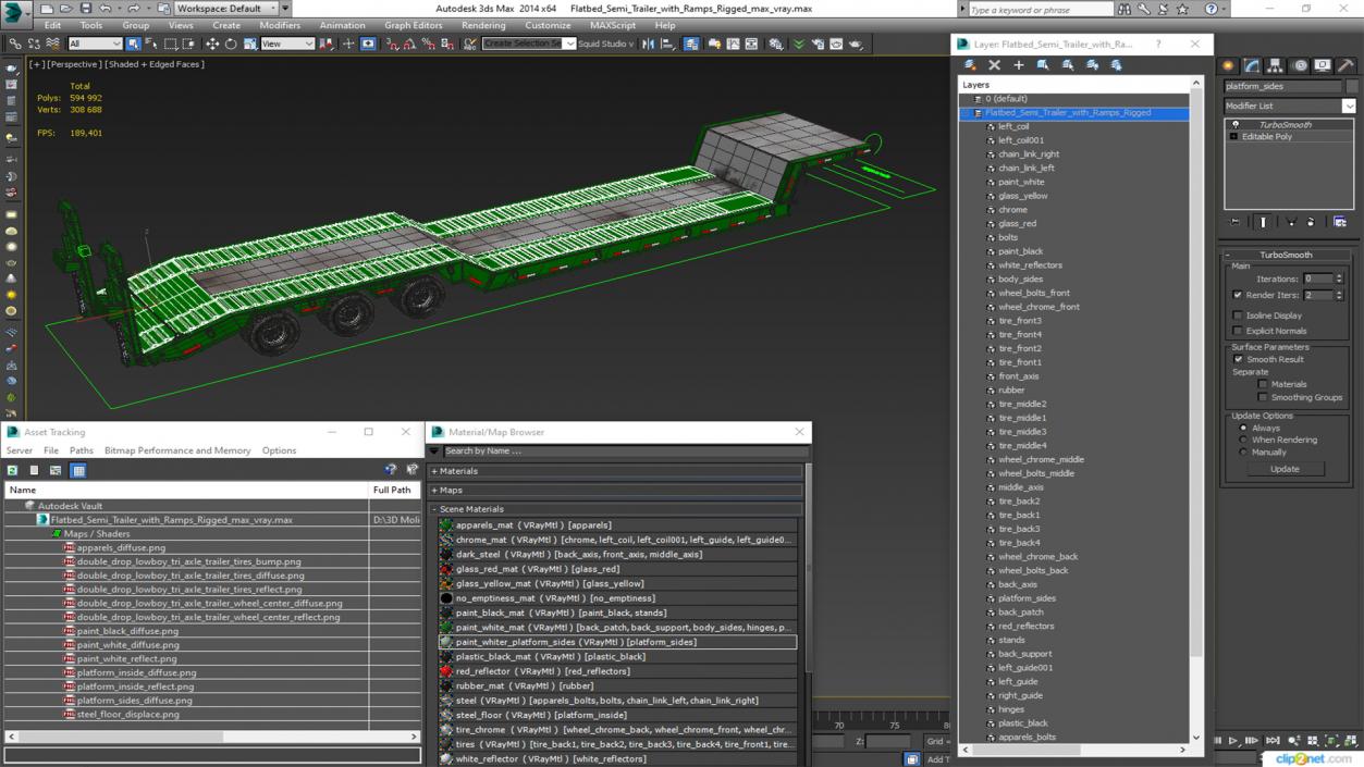 3D Flatbed Semi Trailer with Ramps Rigged model