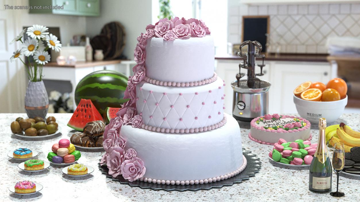 3D Multilevel Pink Wedding Cake with Flowers