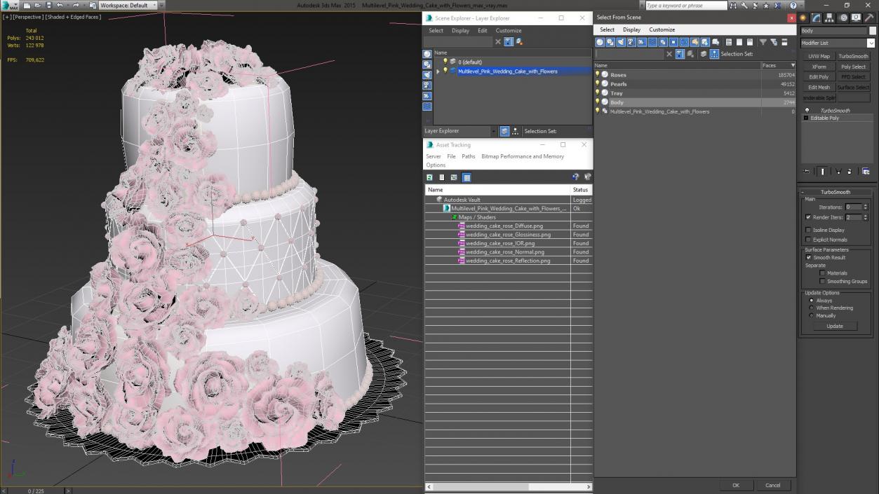 3D Multilevel Pink Wedding Cake with Flowers