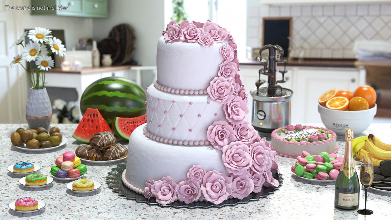 3D Multilevel Pink Wedding Cake with Flowers