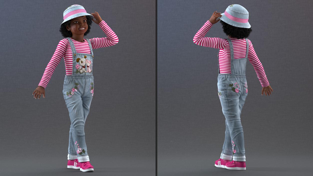 Young Black Girl a Denim Jumpsuit Rigged for Cinema 4D 3D model