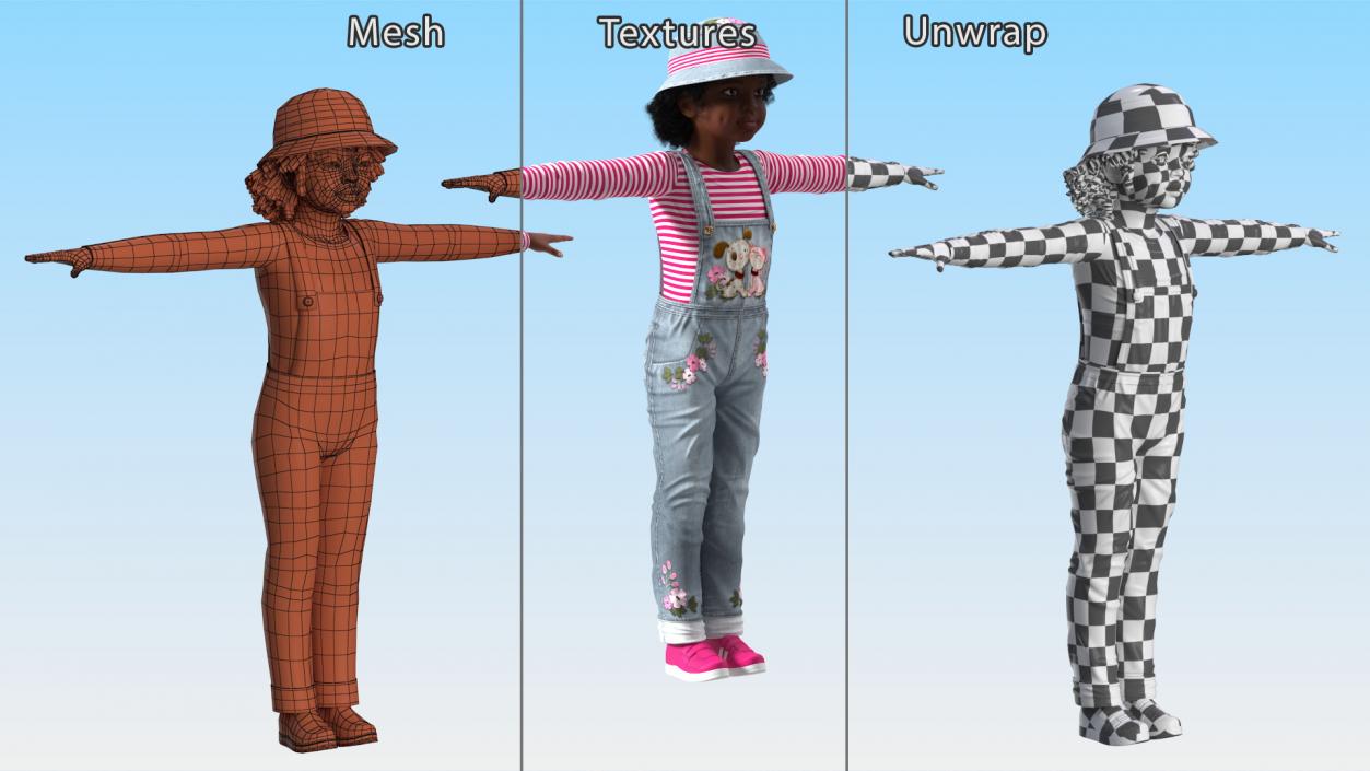 Young Black Girl a Denim Jumpsuit Rigged for Cinema 4D 3D model