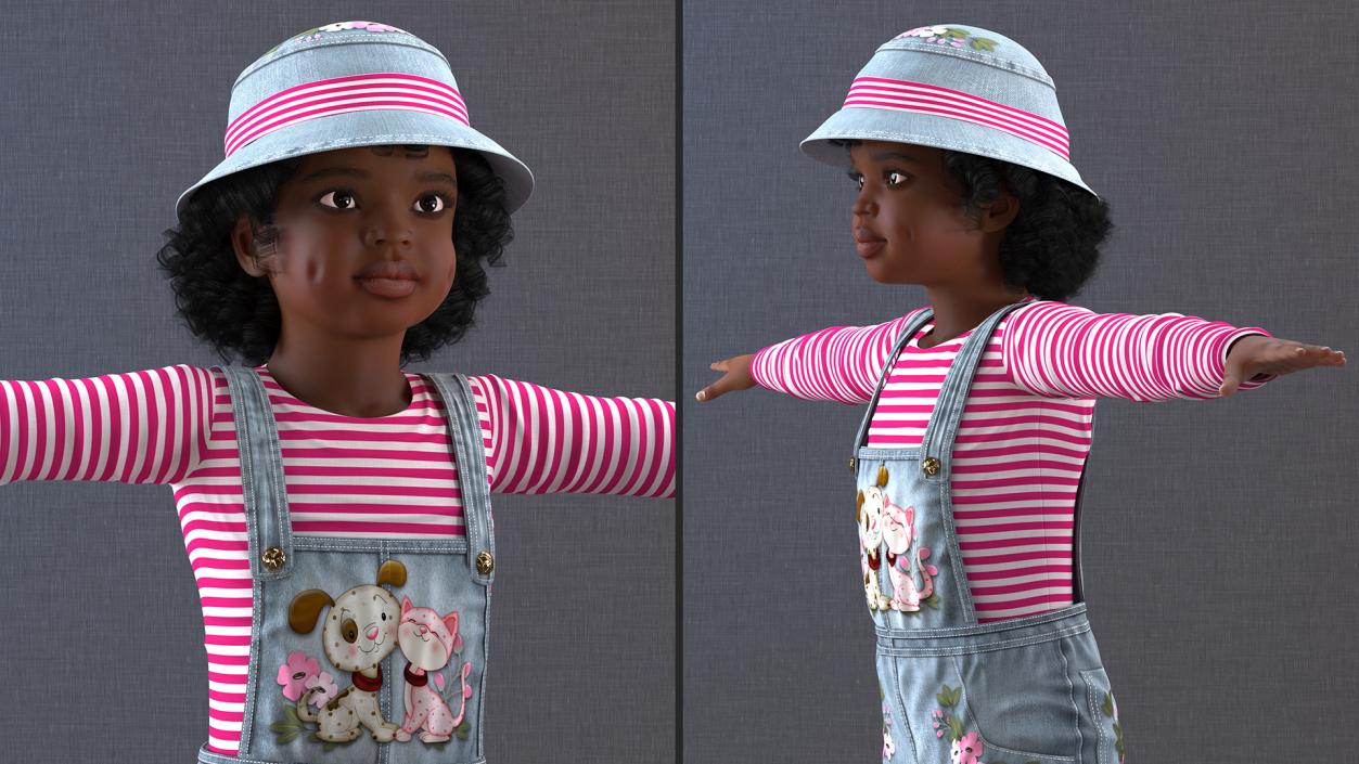 Young Black Girl a Denim Jumpsuit Rigged for Cinema 4D 3D model