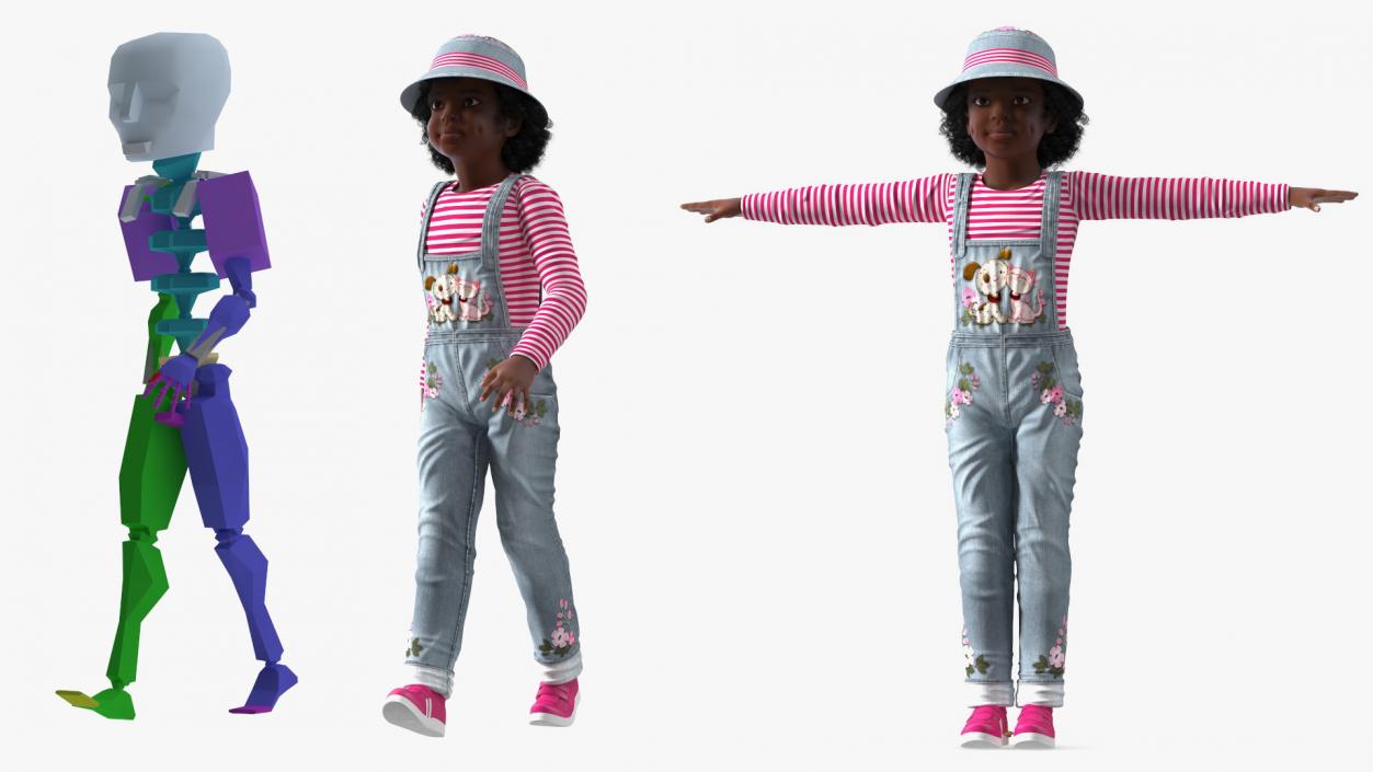 Young Black Girl a Denim Jumpsuit Rigged for Cinema 4D 3D model