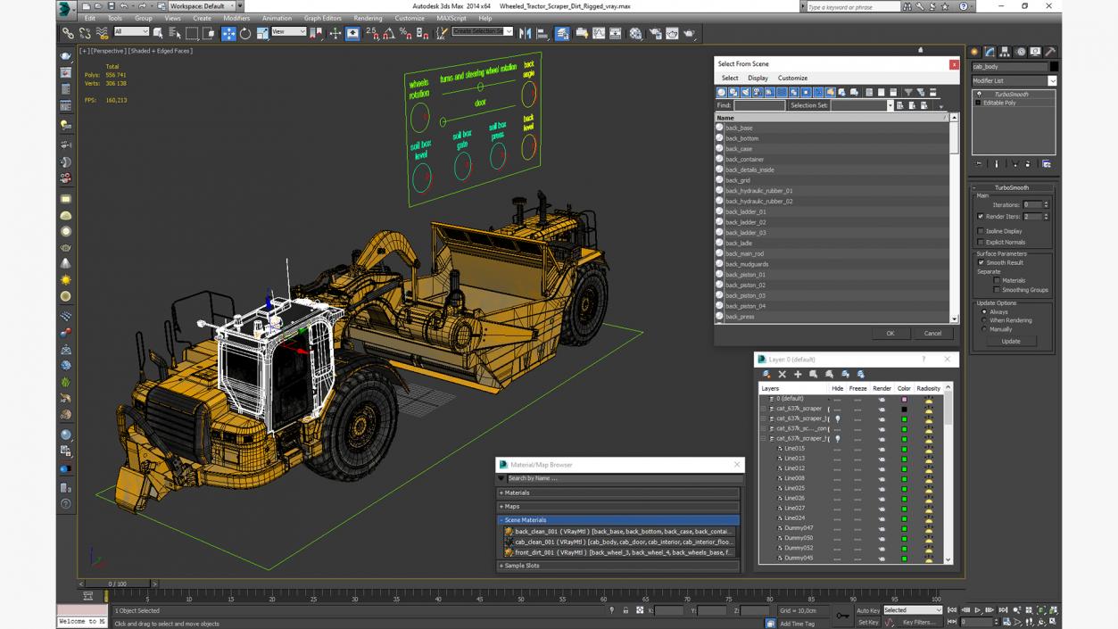 3D model Wheeled Tractor Scraper Dirt Rigged