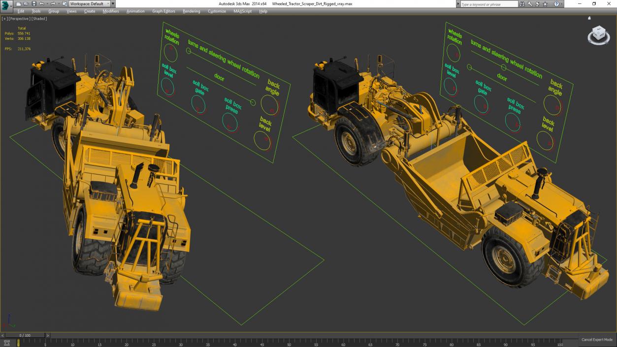 3D model Wheeled Tractor Scraper Dirt Rigged