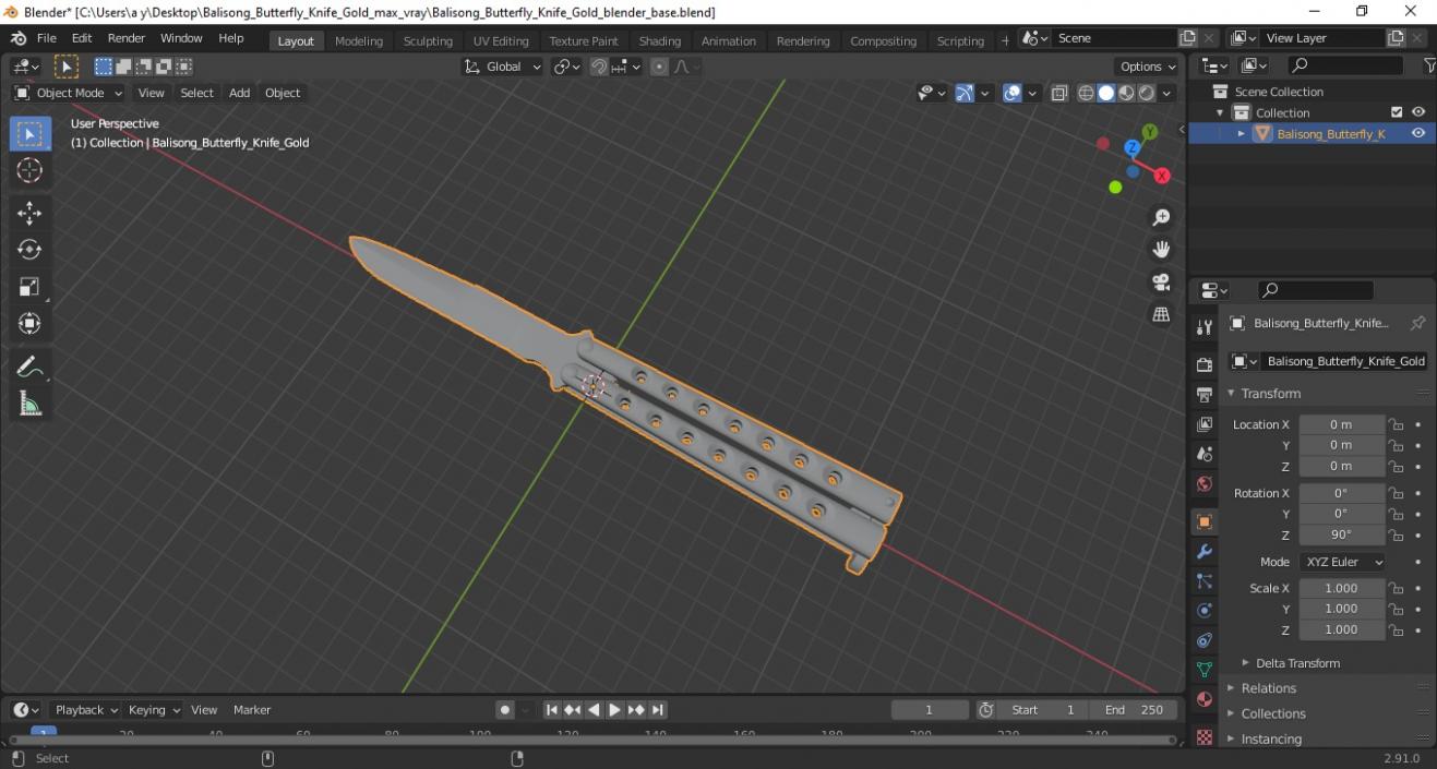 Balisong Butterfly Knife Gold 3D model