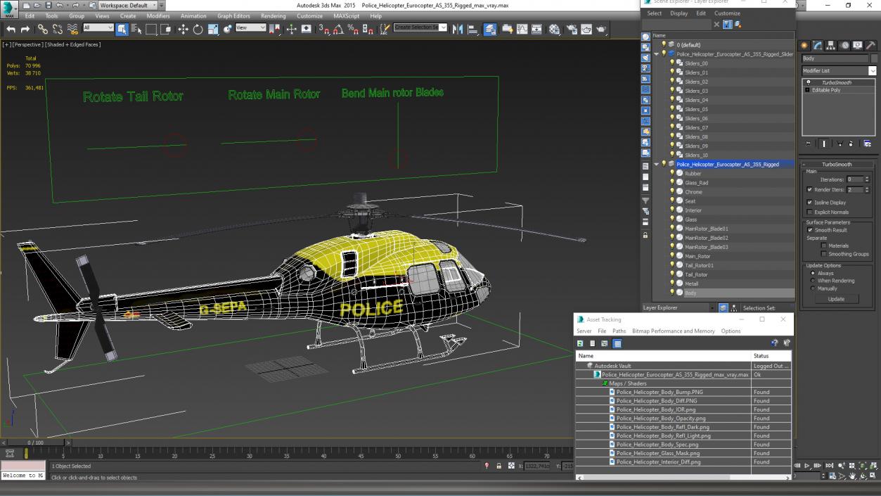 3D Police Helicopter Eurocopter AS 355 Rigged for Cinema 4D