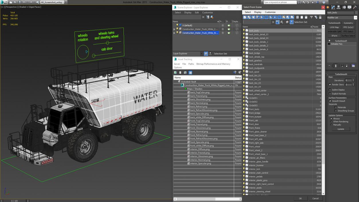 Construction Water Truck White Rigged 3D