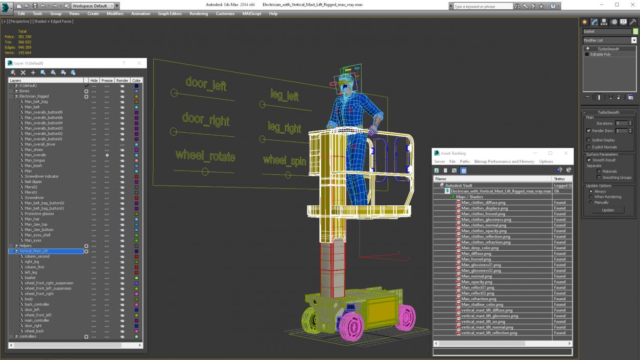 Electrician with Vertical Mast Lift Rigged 3D