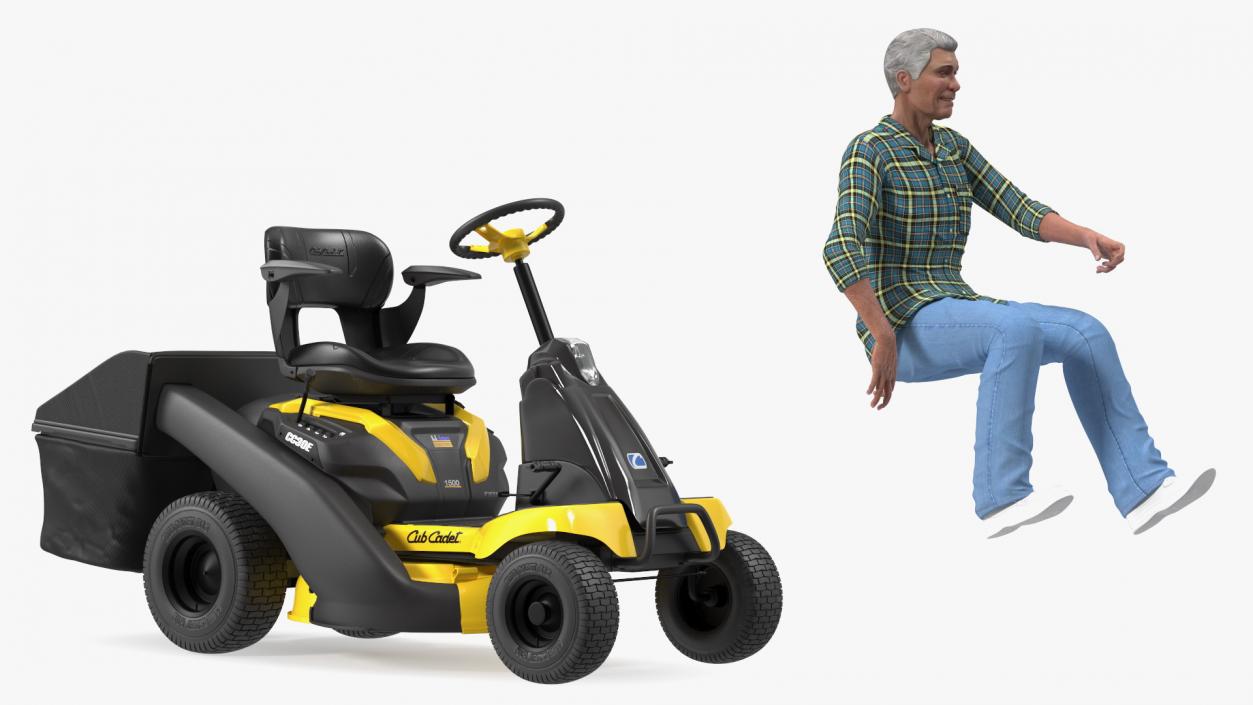 3D Sitting Farmer on Lawn-Mower with Grass Compartment