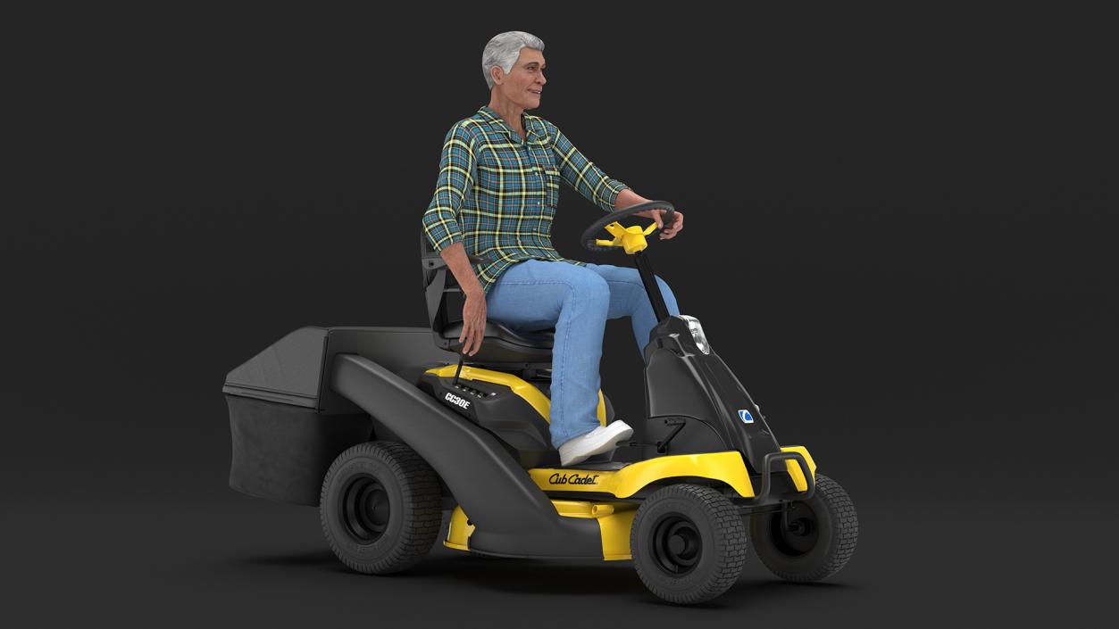 3D Sitting Farmer on Lawn-Mower with Grass Compartment