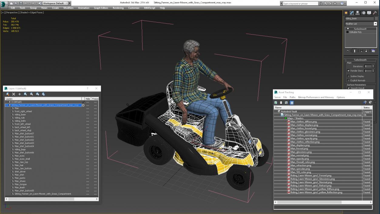 3D Sitting Farmer on Lawn-Mower with Grass Compartment