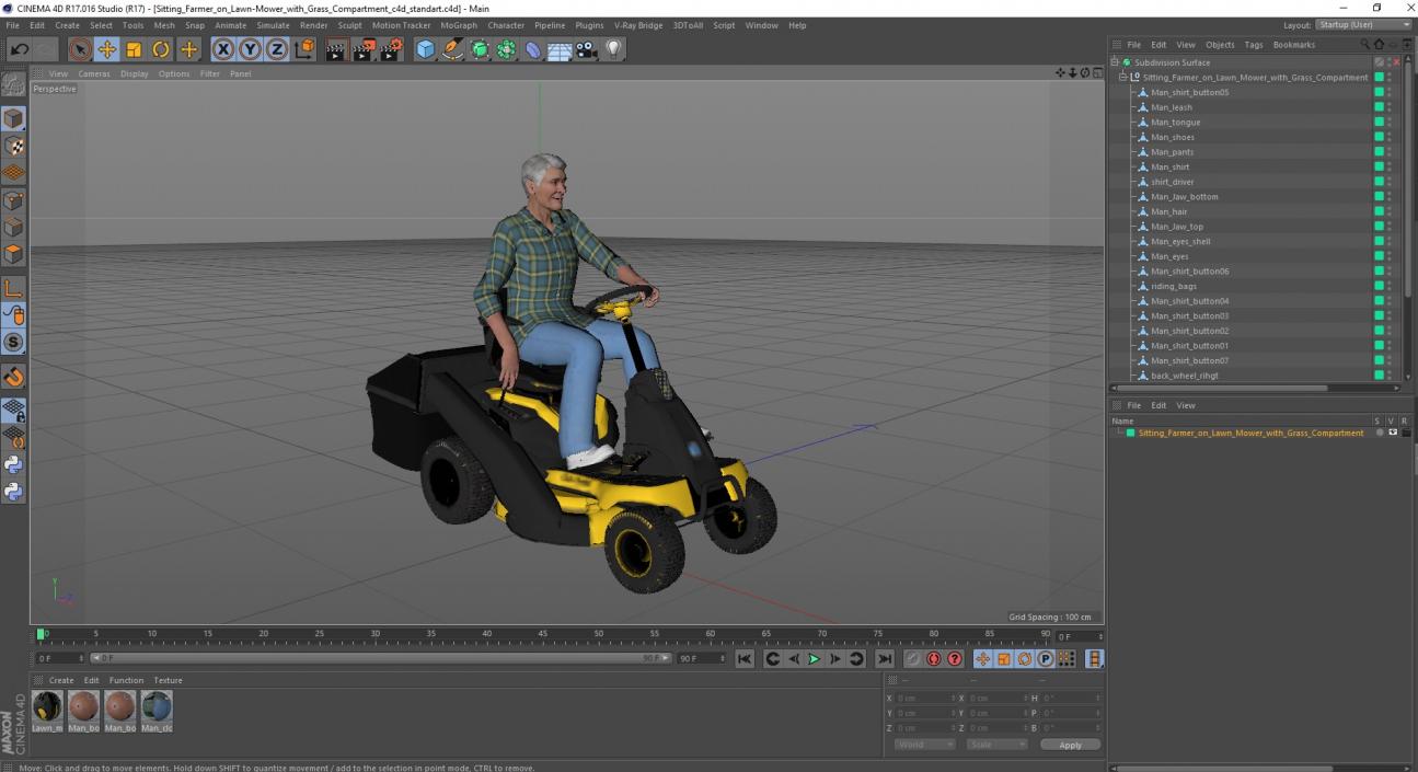 3D Sitting Farmer on Lawn-Mower with Grass Compartment