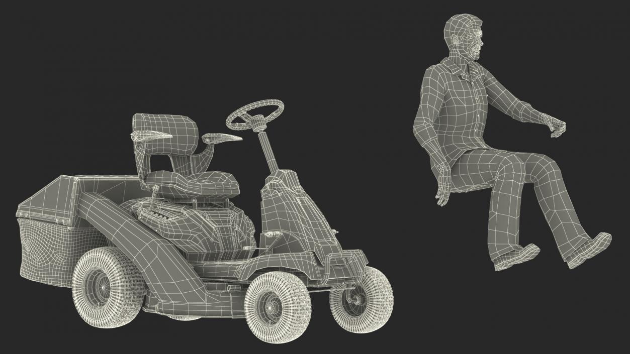 3D Sitting Farmer on Lawn-Mower with Grass Compartment