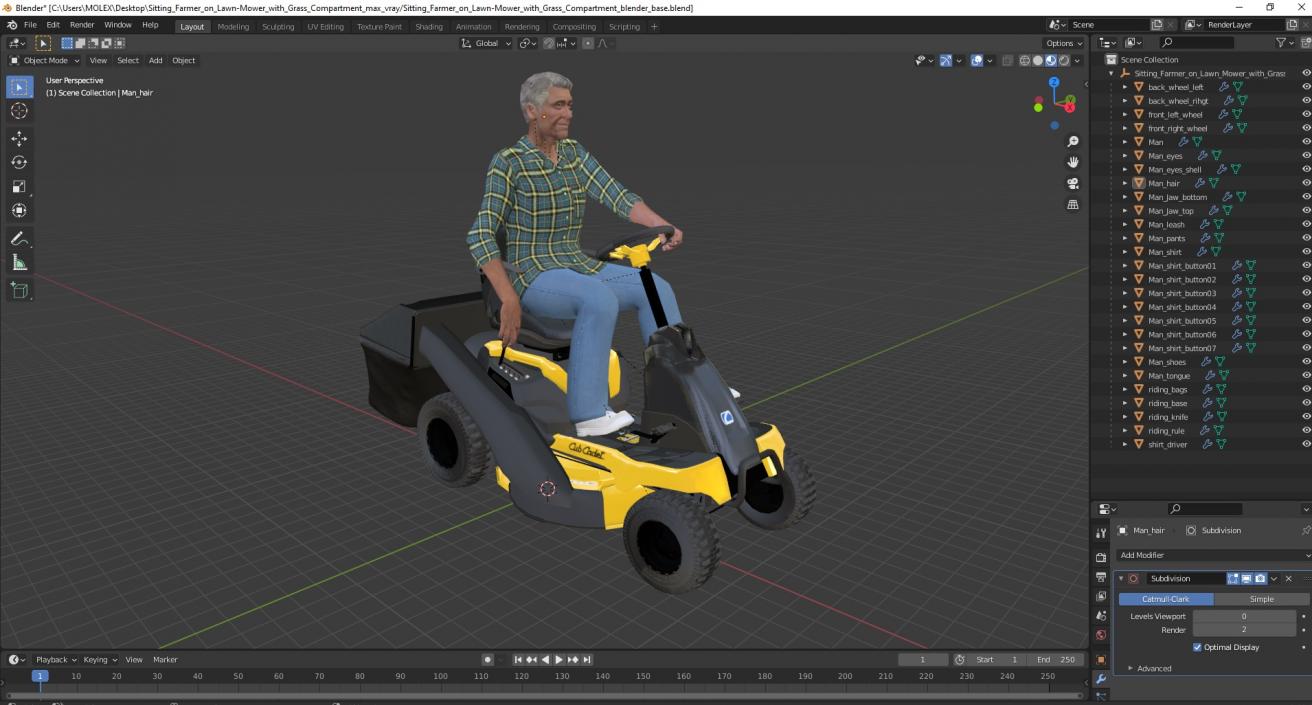 3D Sitting Farmer on Lawn-Mower with Grass Compartment