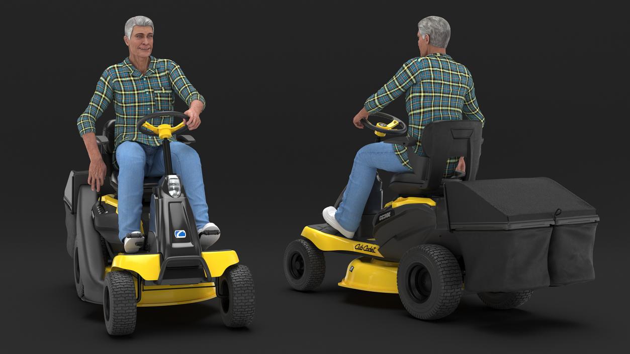 3D Sitting Farmer on Lawn-Mower with Grass Compartment