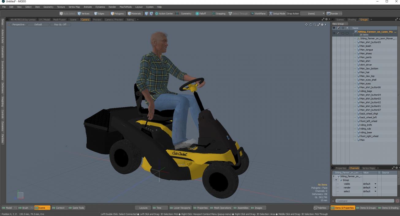 3D Sitting Farmer on Lawn-Mower with Grass Compartment