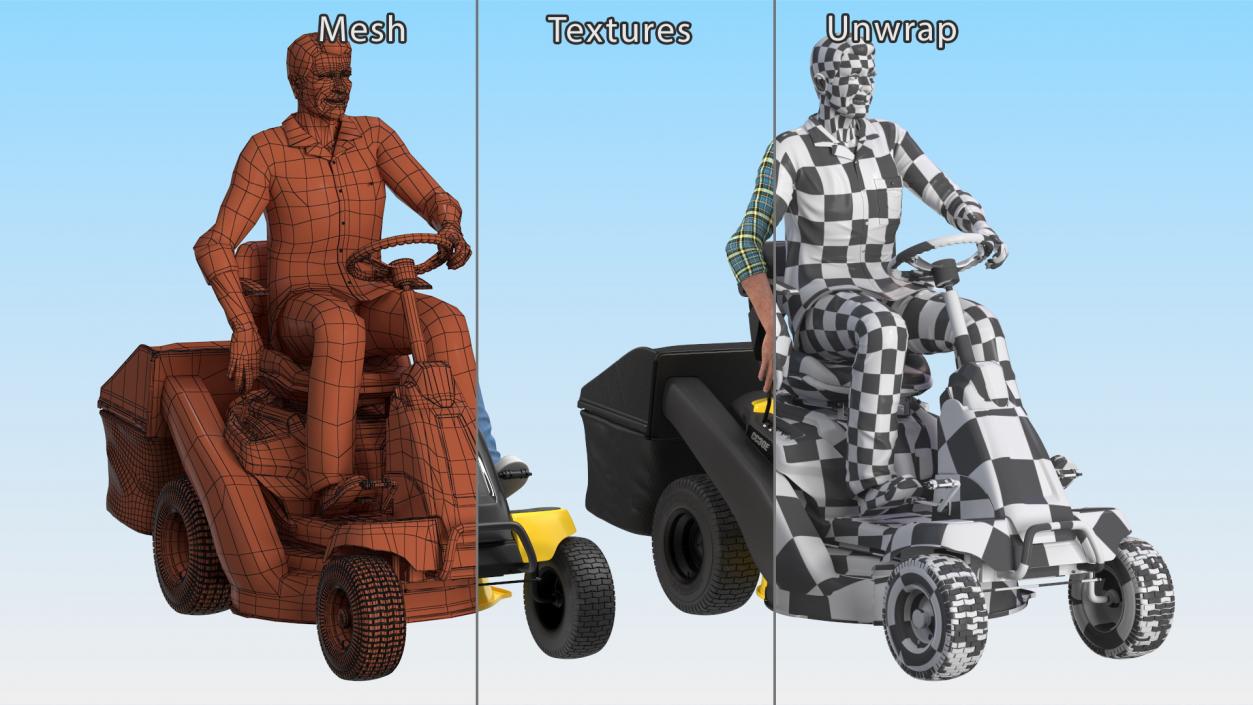 3D Sitting Farmer on Lawn-Mower with Grass Compartment