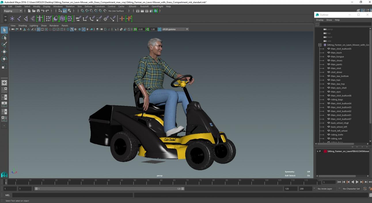 3D Sitting Farmer on Lawn-Mower with Grass Compartment