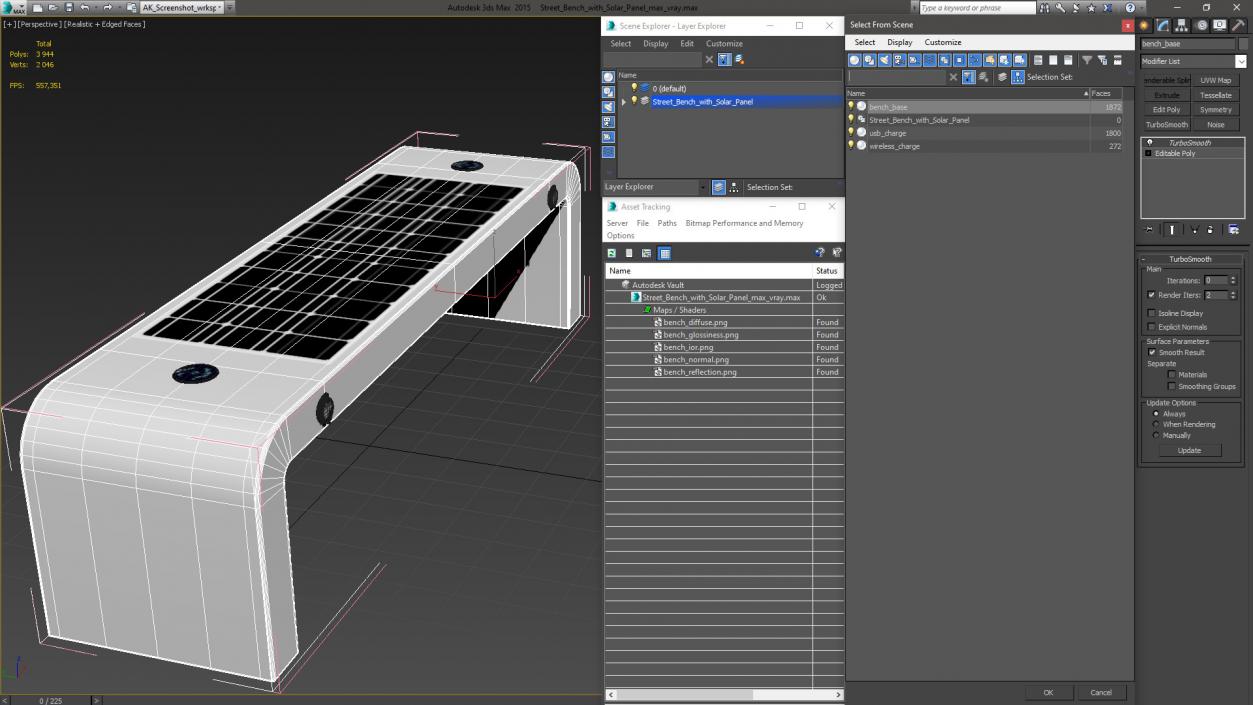 Street Bench with Solar Panel 3D model