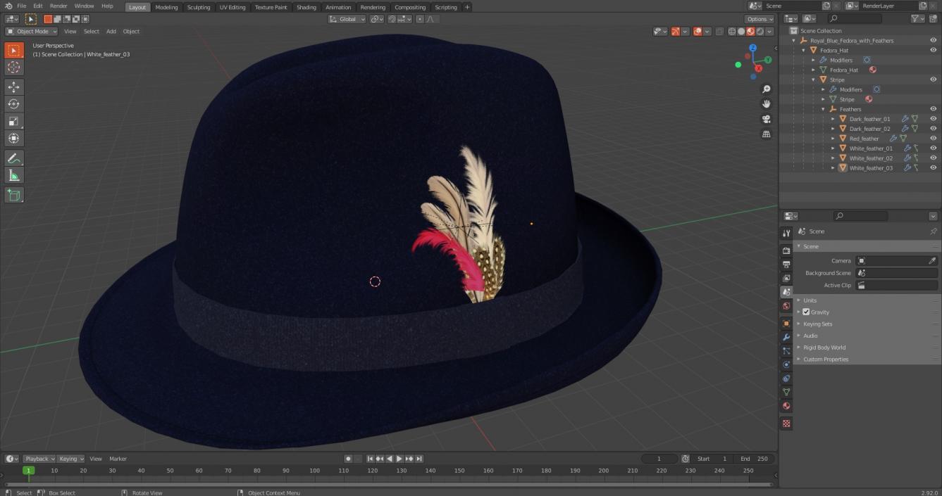 3D Royal Blue Fedora With Feathers