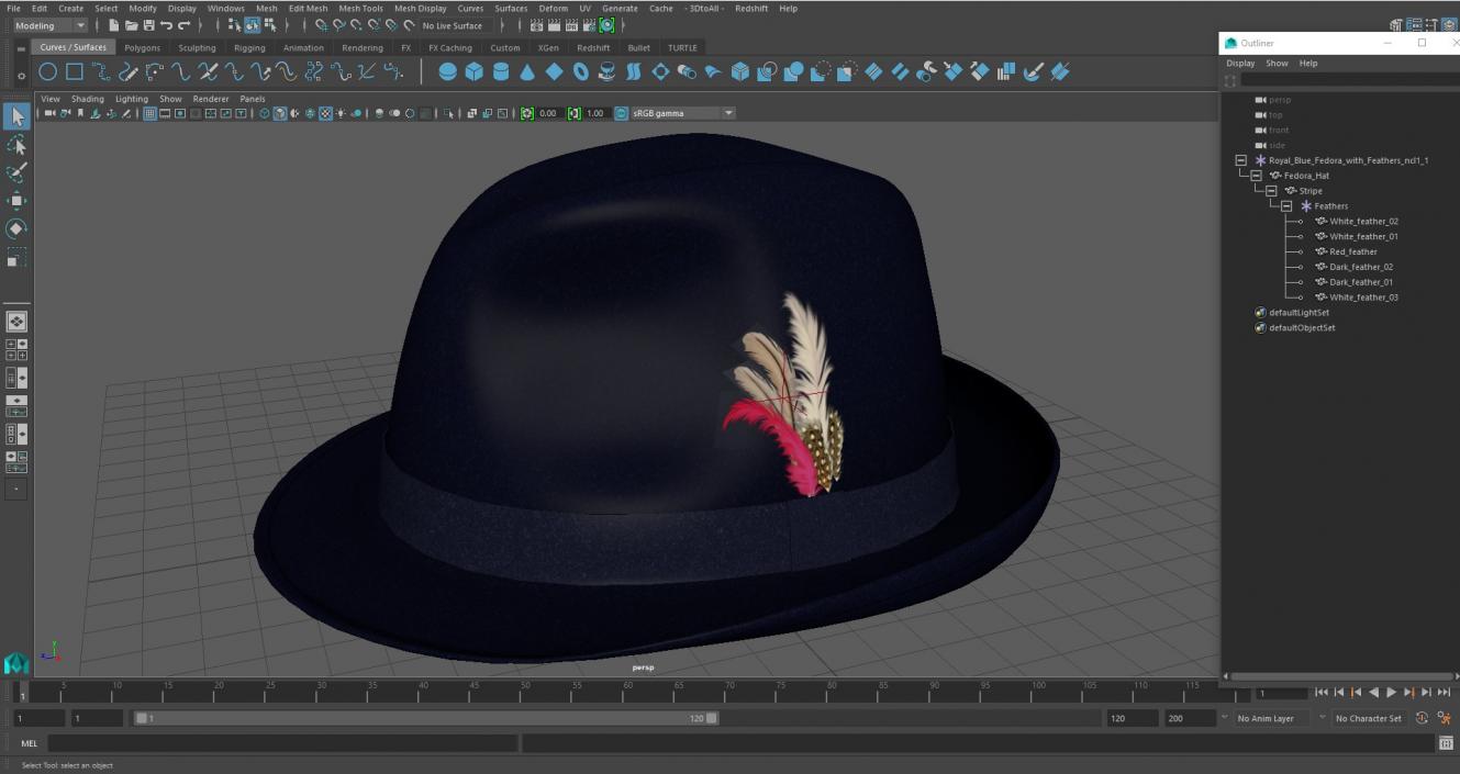 3D Royal Blue Fedora With Feathers