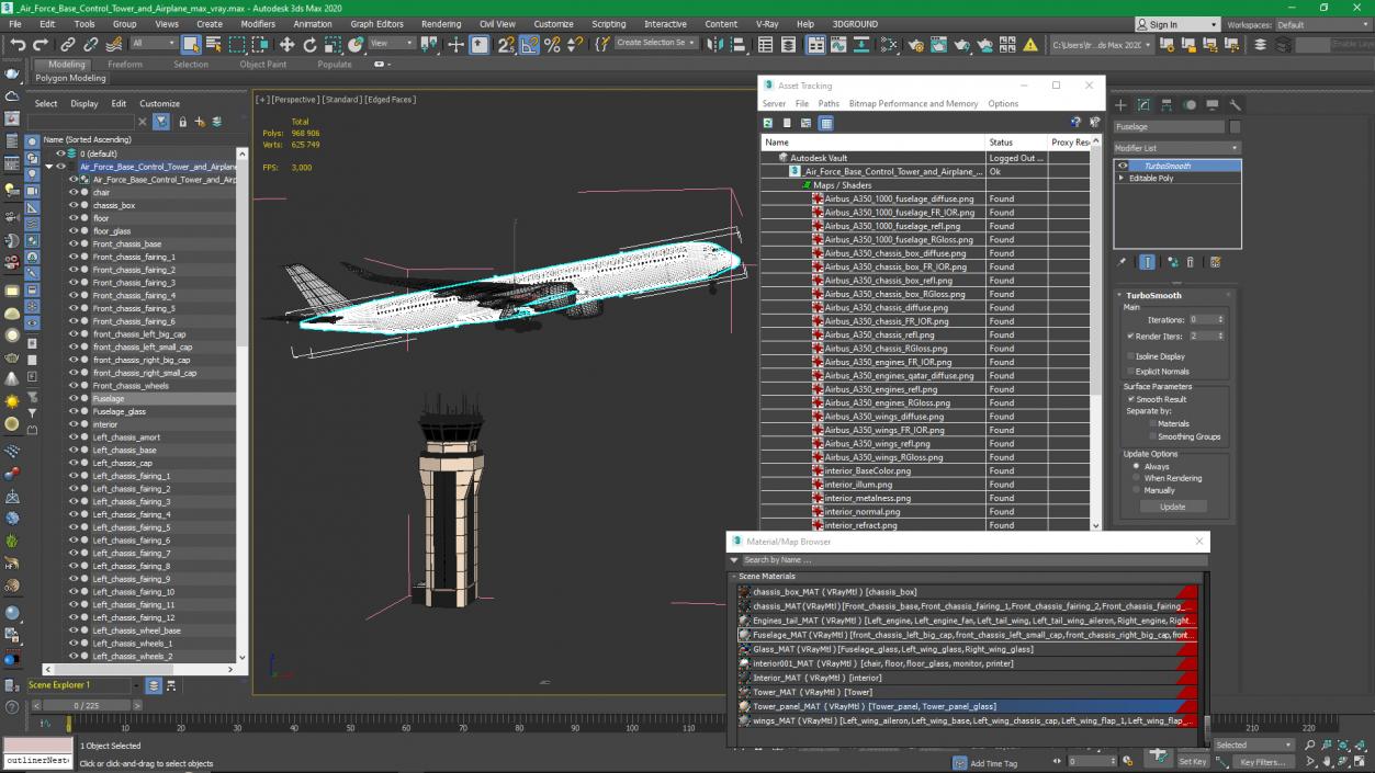 3D Air Force Base Control Tower and Airplane