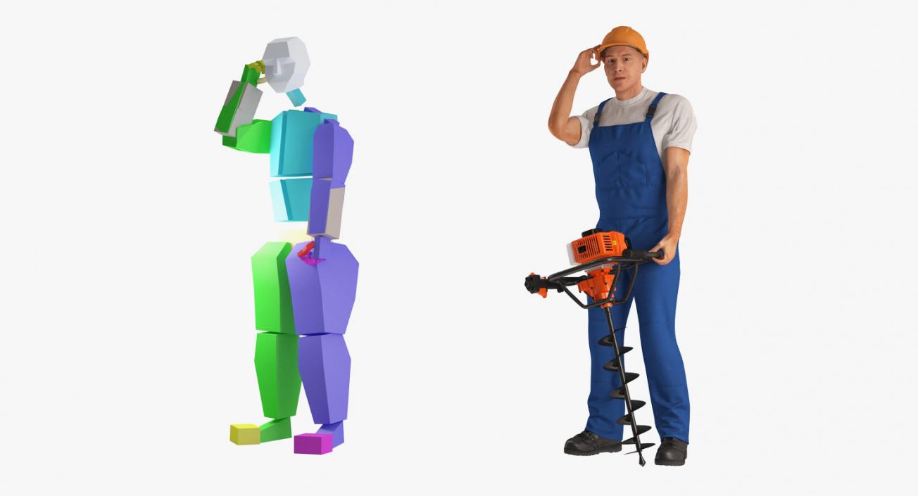 3D model Builder Worker With Hole Driller Auger Rigged