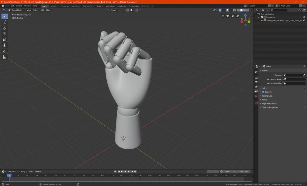 3D model Hand with Posable Fingers Dark Wood Fist Pose