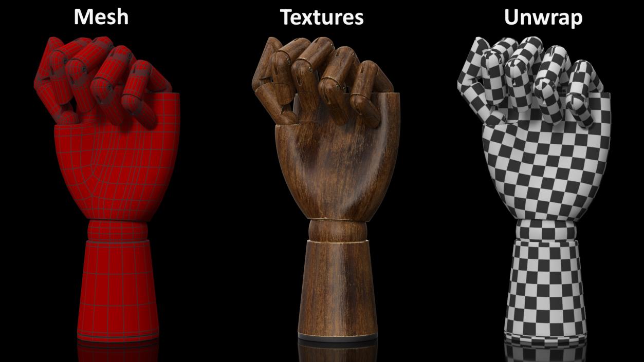 3D model Hand with Posable Fingers Dark Wood Fist Pose