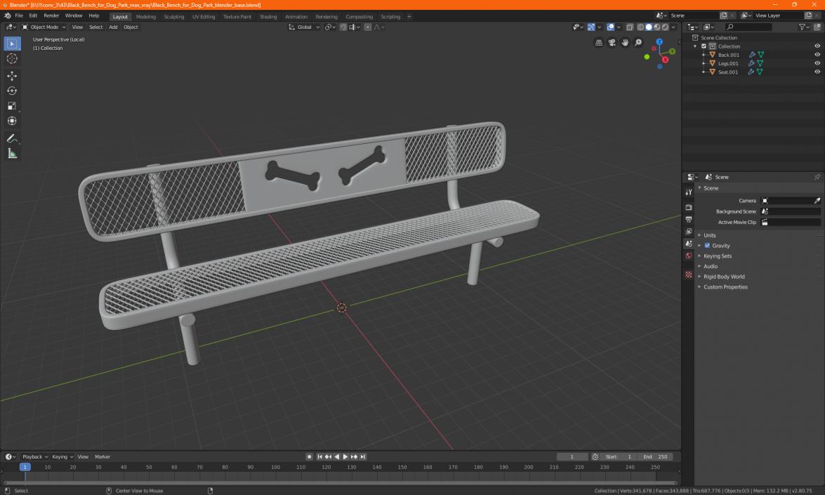 Black Bench for Dog Park 3D model